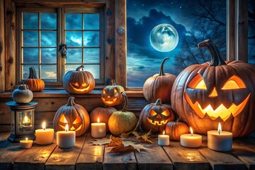 A cozy halloween scene with pumpkins candles and a moonlit window