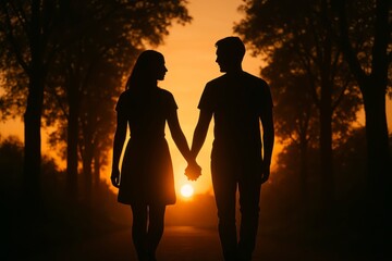 Silhouette of couple holding hands walking at sunset in the distance