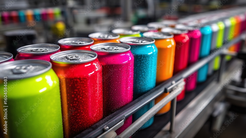 Poster a vibrant array of colorful cans in a factory setting, showcasing production efficiency and visual a