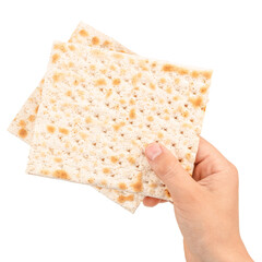 Hand holding traditional matzo crackers, a symbolic food in Jewish culture, isolated on white...