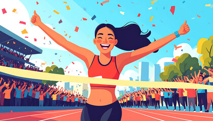 A runner crossing the finish line with confetti and cheering crowd