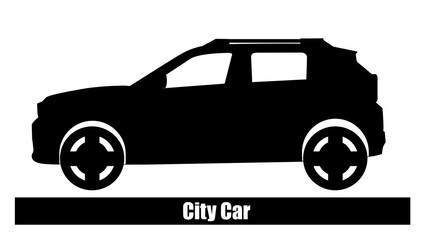 A city car is a small car designed specifically for use in urban areas. It is made in a black silhouette version with a white background.
