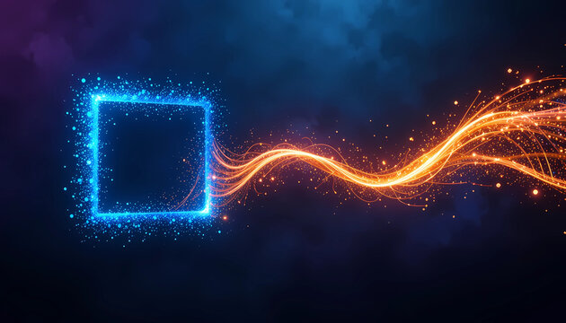Glowing blue square with orange light trails on a dark blue and purple gradient background