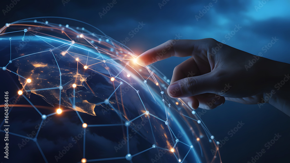 Poster human finger touching a glowing digital network globe with illuminated connections and data points