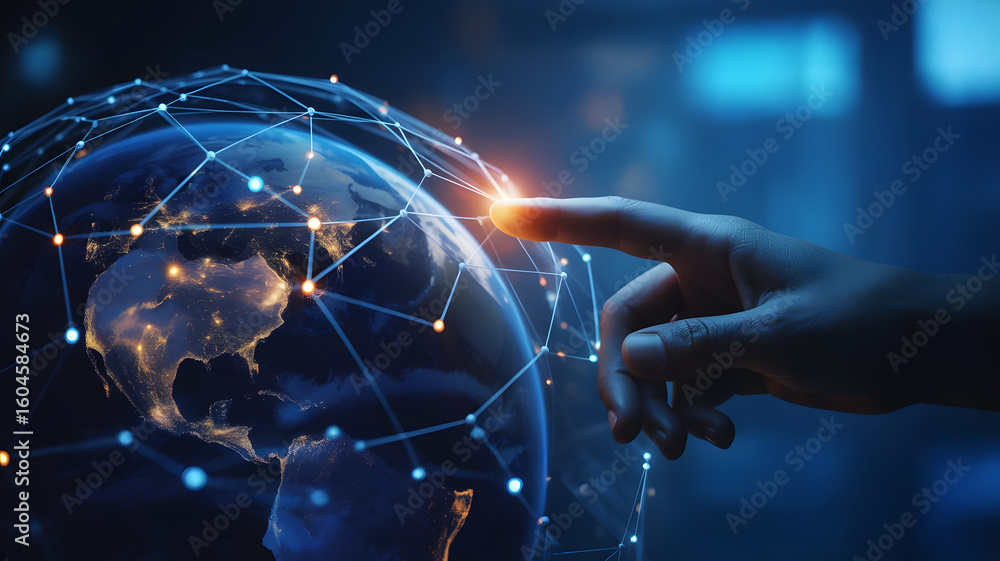 Poster human finger touching a glowing digital globe with interconnected nodes representing global technolo