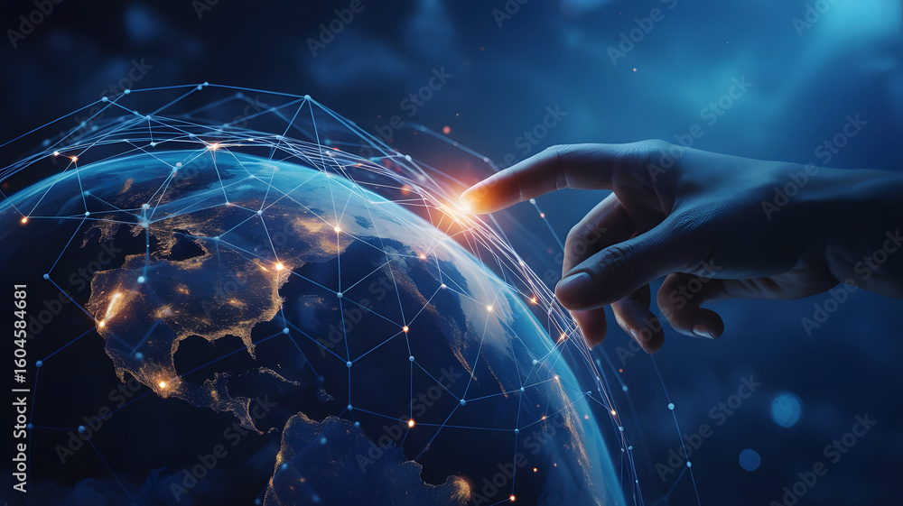Poster digital connection of a human finger touching a glowing data network overlay on planet earth