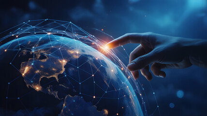 Digital connection of a human finger touching a glowing data network overlay on planet earth