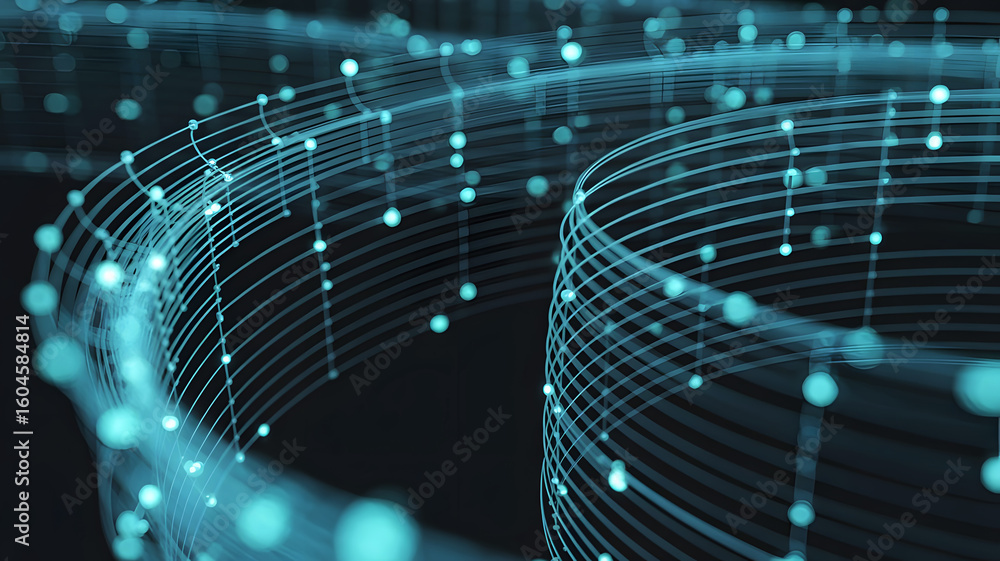 Poster abstract glowing blue digital network data streams flowing in a futuristic curved pathway with bokeh