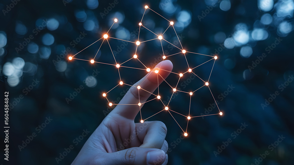 Poster human finger touching a glowing abstract network of interconnected digital nodes and lines in the da