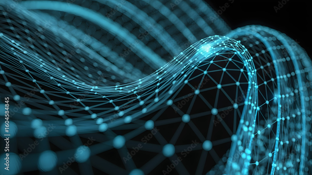 Poster abstract glowing blue digital network grid with interconnected nodes and flowing lines on a dark bac