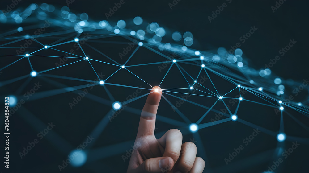 Poster human finger touching a glowing digital network of interconnected nodes and lines representing techn