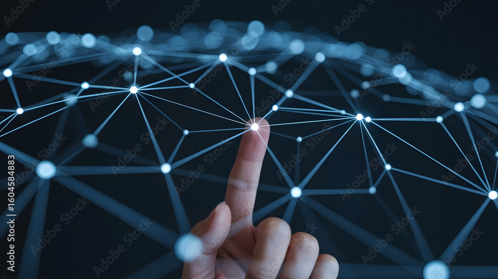 Poster close up of a human finger touching a glowing digital network of interconnected nodes and lines