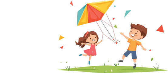 Girl smiling and playing with kite on a sunny day cartoon illustration vector.