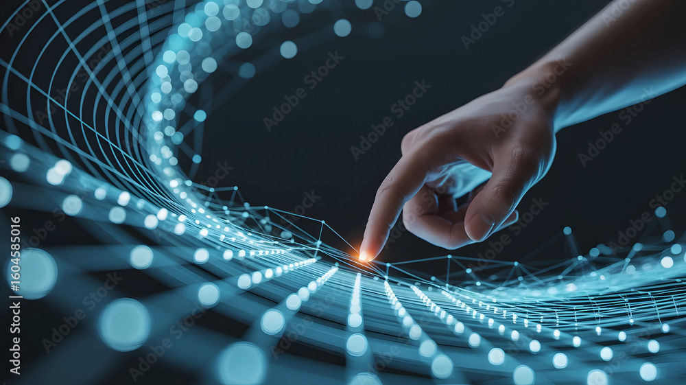 Poster human finger touching a glowing digital network of interconnected data points on a dark background