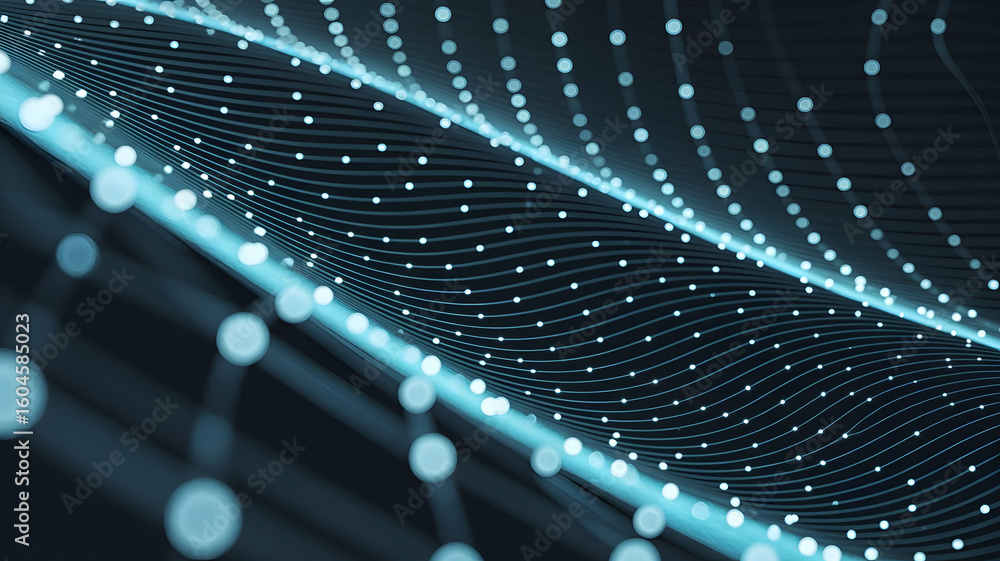 Poster abstract glowing blue digital network of interconnected dots and lines creating a futuristic wave pa