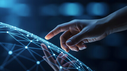 Human hand interacting with a glowing digital network sphere representing global connectivity and advanced technology