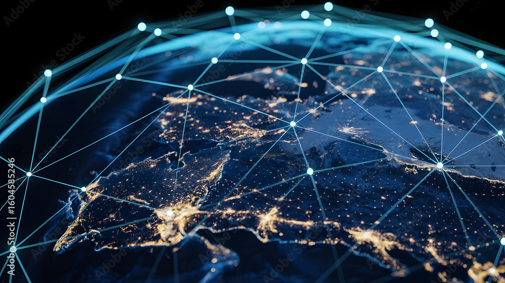 Poster global digital network connecting cities and continents with glowing lines and nodes over planet ear