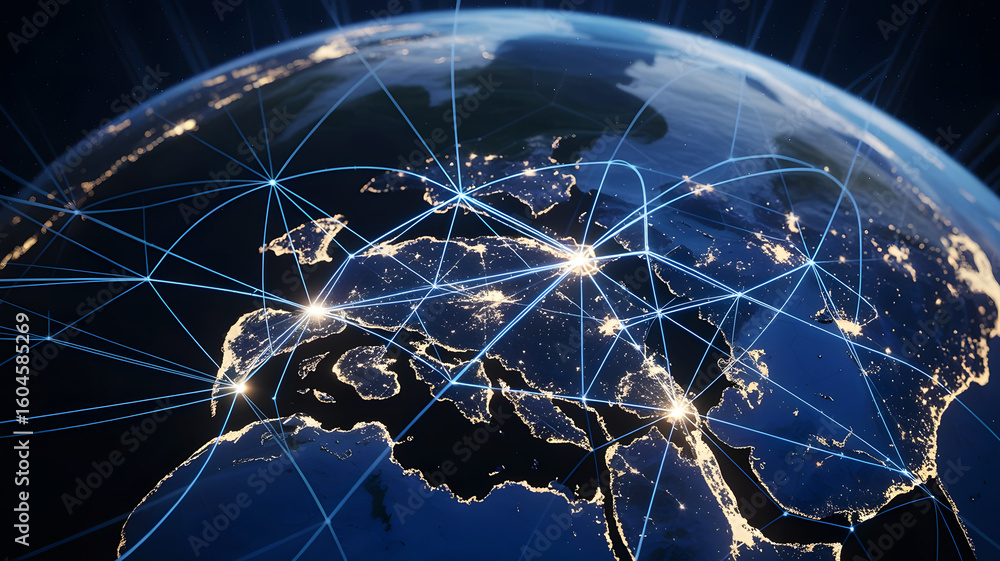 Poster global network of light connections spanning continents and oceans illustrating interconnectedness a