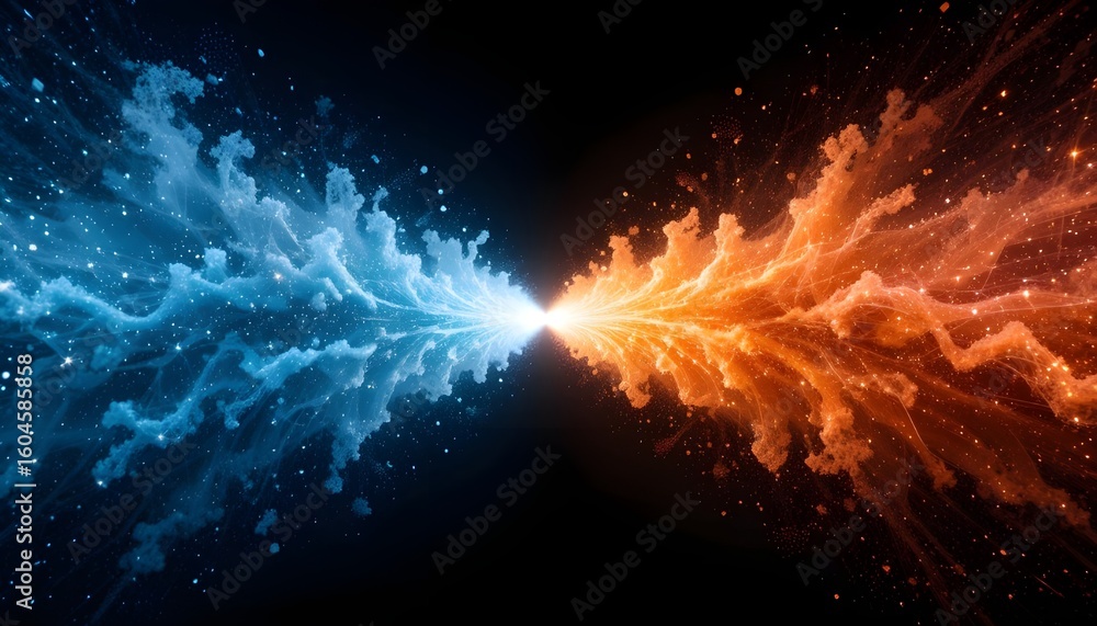 Poster abstract blue and orange energy streams colliding in a dark space with sparkling particles around th