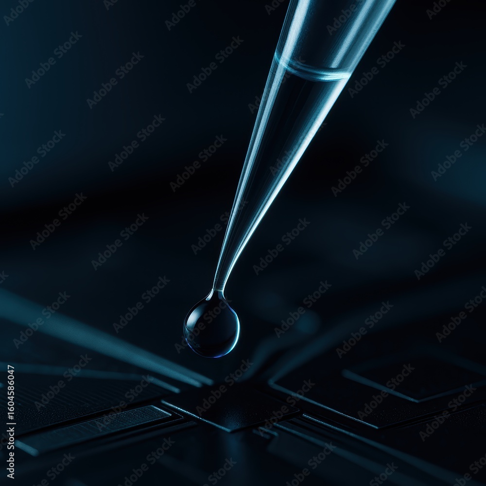 Poster close-up of a drop of liquid suspended from a pipette on a dark surface creating a scientific moment