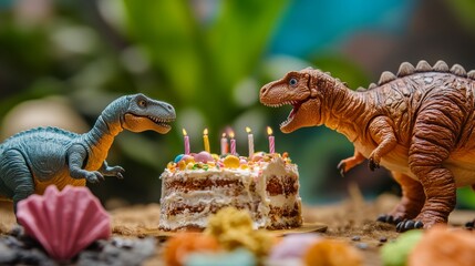 Colorful toy dinosaurs gathered around a birthday cake with candles in a playful party setting for kids celebration theme