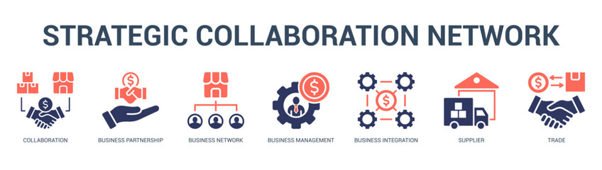 Strategic Collaboration Network Modern and clean web banner illustration featuring thematic icons for visual communication