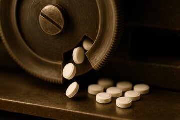 Vintage pill dispenser pouring white tablets onto rustic wooden surface in soft warm light