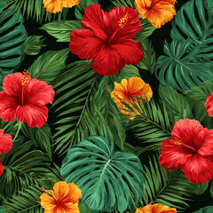 Vibrant Tropical Floral Pattern with Hibiscus and Monstera Leaves