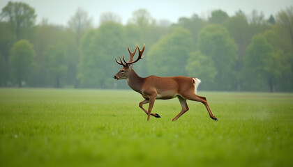 A sika deer running through a lush green meadow on a rainy spring afternoon, vibrant foliage, cloudy sky.