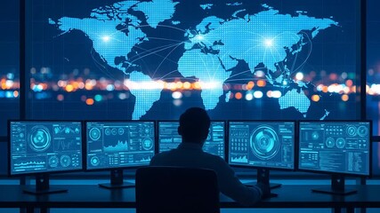 Secret hacker global network monitoring control room - Powered by Adobe