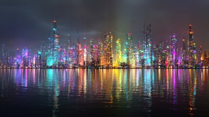 Futuristic city skyline at night, vibrant colors reflected in water