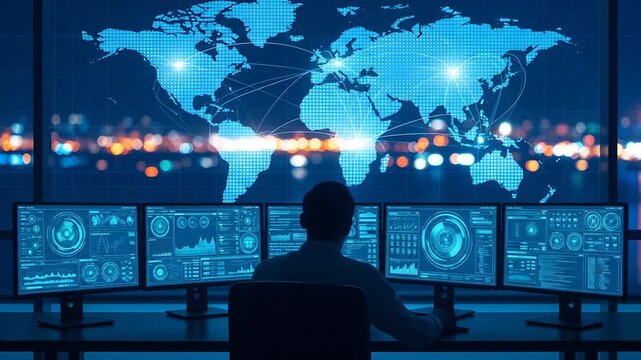 Secret hacker global network monitoring control room - Powered by Adobe
