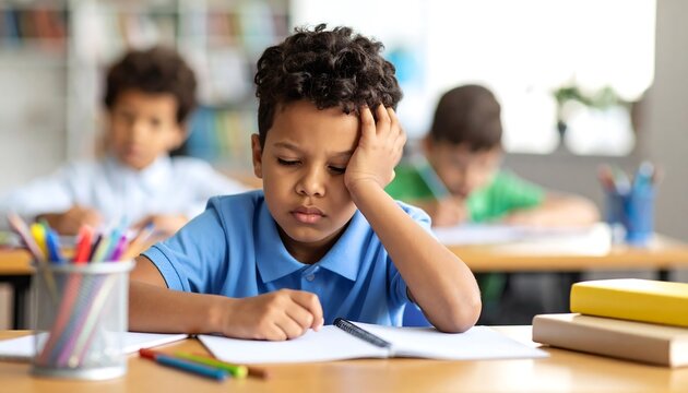 Boy looking bored and tired in class