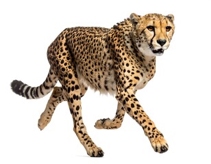 Cheetah in full stride against white background
