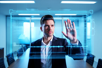 Businessman interacting with futuristic blue holographic interface suit white