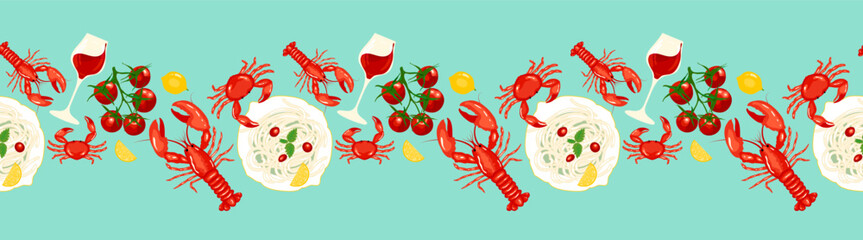Mediterranean seafood theme horizontal border seamless pattern design with pasta dish, red wine glass, fresh tomatoes and lemons on blue background. Vector illustration for your design