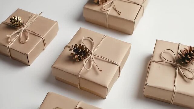 Collection of rustic Christmas gifts wrapped in brown kraft paper, tied with twine, and decorated with pinecones