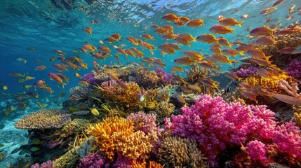 Fototapeta premium School Fish Swim Near Colorful Coral Reef for Ads of Ocean Life Protection