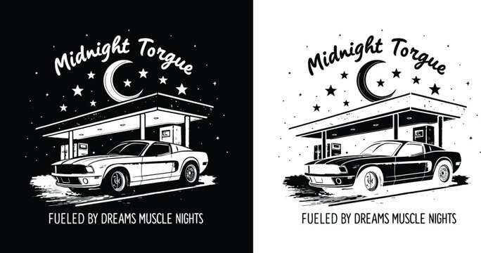 Muscle car at gas station under night sky with moon and stars in vintage black and white style for t shirt design themed around midnight torque dreams