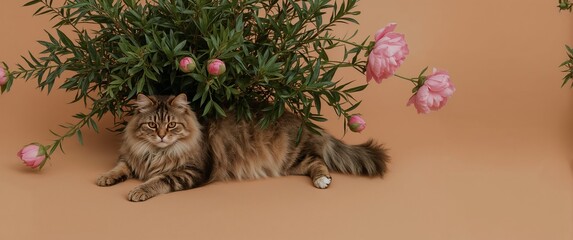 Puffy tabby cat stretching under a bush of peonies and trailing leaves resting on a clay beige background