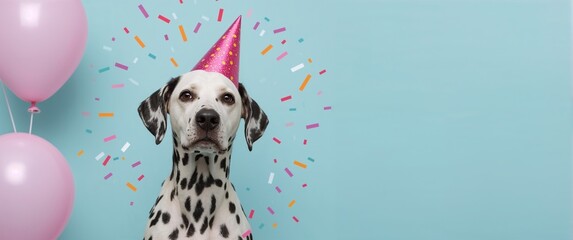 Spotted dalmatian with birthday hat and confetti surrounded by balloons against a light aqua blue background