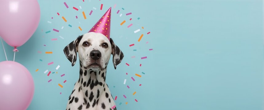 Spotted dalmatian with birthday hat and confetti surrounded by balloons against a light aqua blue background