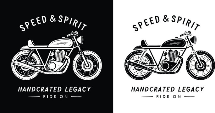 Handcrafted vintage motorcycle illustration in black and white style featuring speed and spirit theme with minimalist frame and retro ride on message