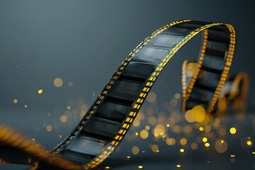 A bold illustration of a stylized black movie reel with curling yellow film strip, sharp rectangular frames glowing faintly, set on a dark gray-to-black gradient background