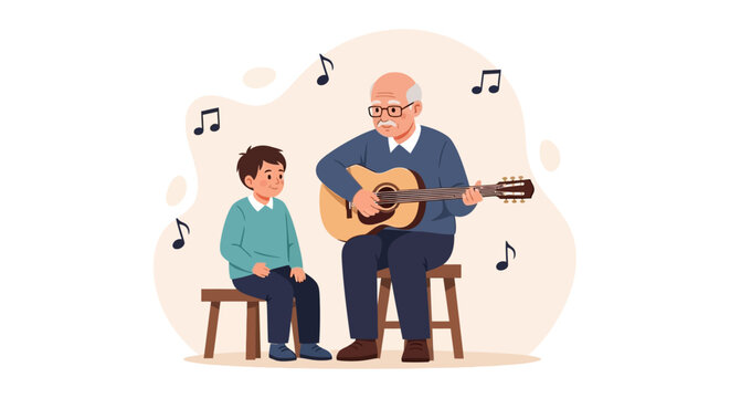 Celebrating National Senior Citizens Day with a grandfather teaching his grandson to play guitar, a heartwarming moment - Powered by Adobe