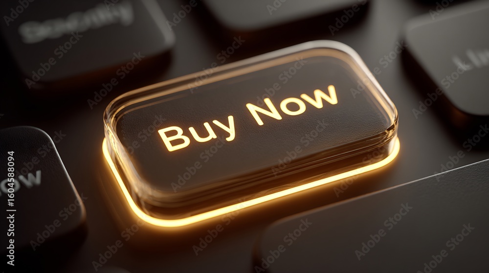 Poster illuminated 'buy now' button on keyboard symbolizing online shopping urgency