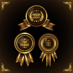 Golden luxury labels and banners, gold badge vector .premium quality certificate seal ribbons, Shield, VIP, super quality sticker tags and banners for best product seals, top no 1 brand golden crown