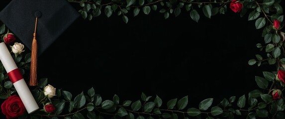 Cap and gown floral frame with academic scroll ivy and bold roses placed elegantly on plain black background