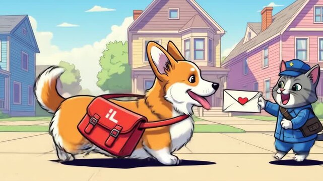 Corgi Mail Carrier Receiving a Love Letter - A cute cartoon corgi wearing a red mail bag receives a love letter from a friendly mailman cat in a charming suburban setting.