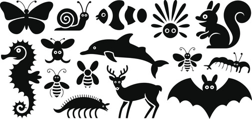 Collection of black animal silhouettes on white background featuring insects mammals and marine life